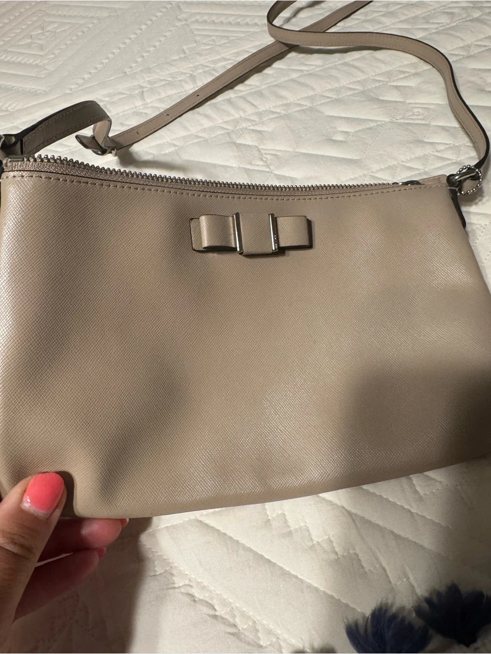 kate spade Taupe Leather Crossbody Bag with Bow Accent